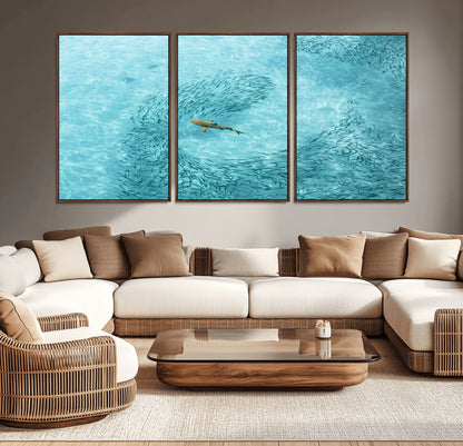43671474-MGV-CV-36X24-Fish Swarm Wall Art Canvas Print, Framed Marine Life Art Picture Print, Shark Aerial Perfect Wildlife Coastal Decor Artwork