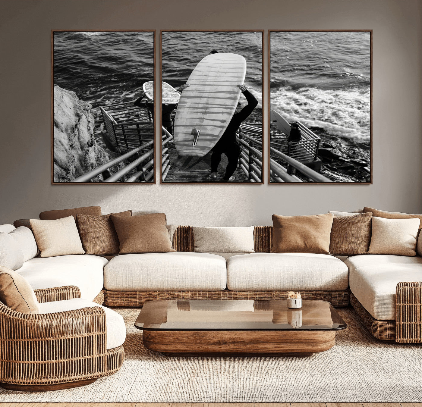 32353707-MGV-CV-36X24-Black White Surfing Wall Art Canvas Print, Framed Coastal Surfing Art Picture Print, Wave Riders Perfect Coastal Adventure Decor