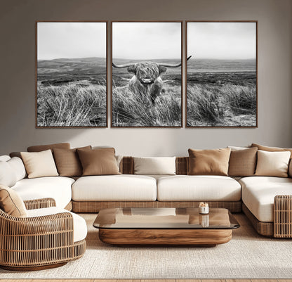 24051061-MGV-CV-36X24-Monochrome Highland Cow Wall Art Canvas Print, Framed Scottish Bull Art Picture Print, Lone Cattle Perfect Rustic Farmhouse Decor