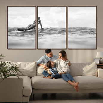 69798068-MGV-CV-36X24-Black White Surfing Wall Art Canvas Print, Framed Ocean Horizon Art Picture Print, Surfer Girl Perfect Coastal Adventure Decor