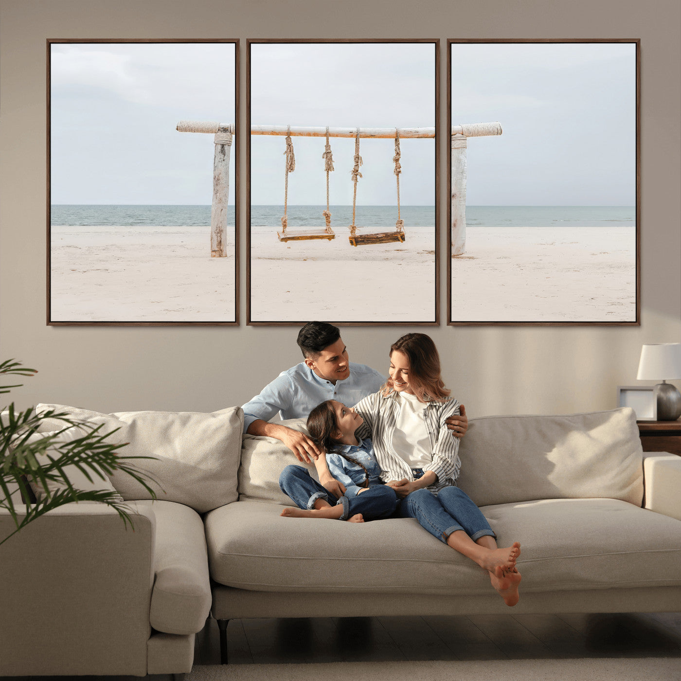 68327283-MGV-CV-36X24-Beach Swing Wall Art Canvas Print, Framed Quiet Beach Art Picture Print, Calm Shoreline Perfect Bohemian Coastal Decor Artwork