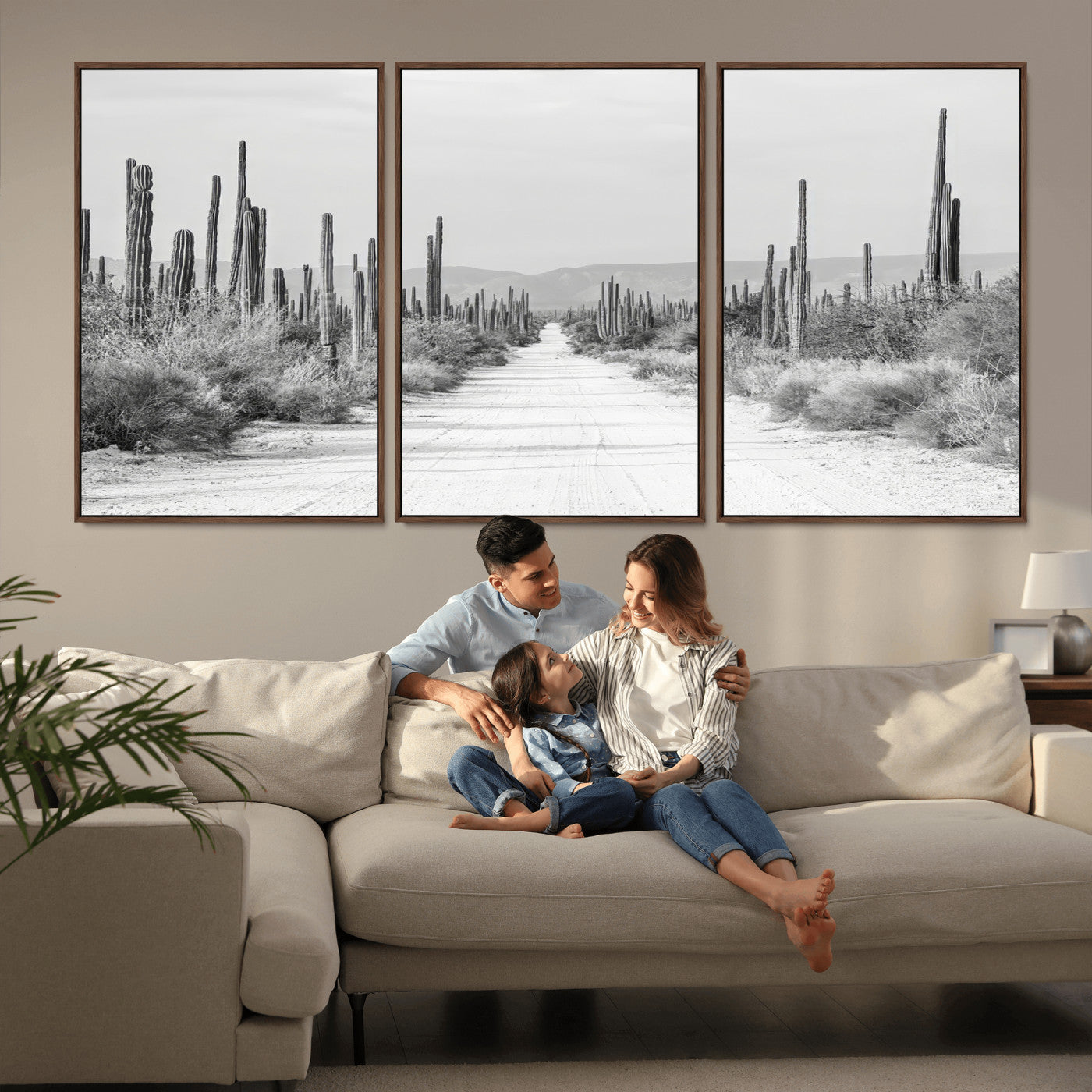 35537313-MGV-CV-36X24-Monochrome Desert Wall Art Canvas Print, Framed Cactus Path Art Picture Print, Southwestern Landscape Perfect Southwestern