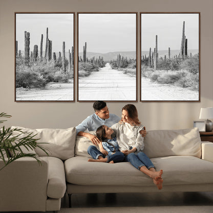 35537313-MGV-CV-36X24-Monochrome Desert Wall Art Canvas Print, Framed Cactus Path Art Picture Print, Southwestern Landscape Perfect Southwestern