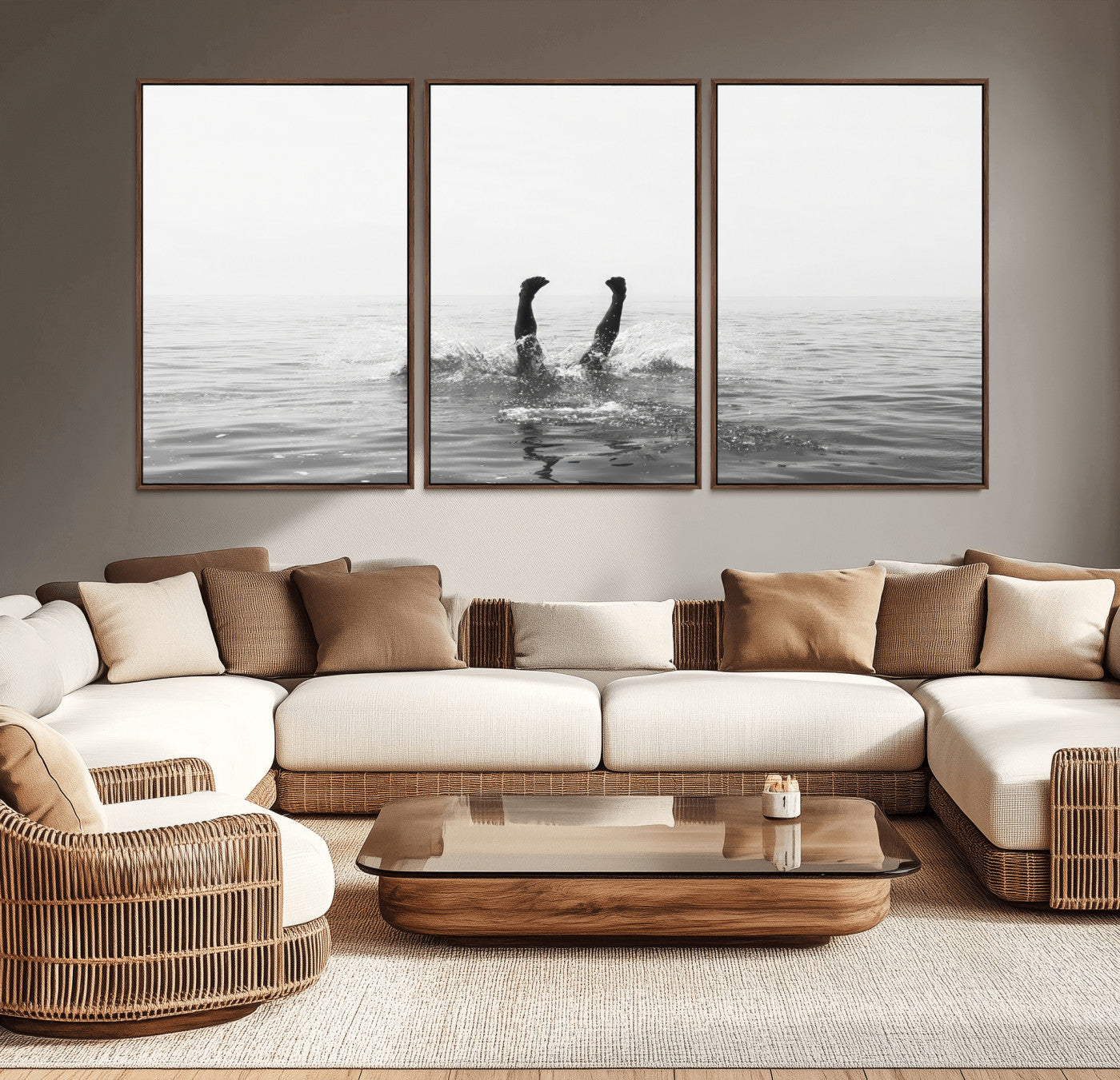 26667396-MGV-CV-36X24-Black White Ocean Wall Art Canvas Print, Framed Monochrome Water Art Picture Print, Diving into Water Perfect Minimalist Aquatic