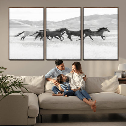 69934913-MGV-CV-36X24-Wild Horses Running Wall Art Canvas Print, Framed Black White Mustangs Art Picture Print, Rustic Western Perfect Rustic Western