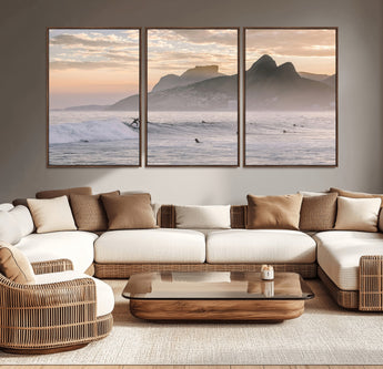 70644906-MGV-CV-36X24-Sunset Surfing Wall Art Canvas Print, Framed Misty Mountains Art Picture Print, Surfer Riding Wave Perfect Coastal Adventure Decor