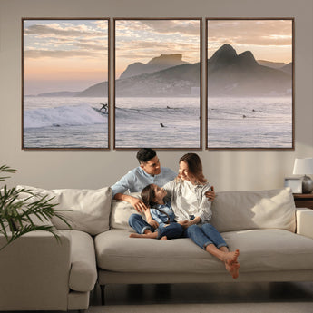 70644906-MGV-CV-36X24-Sunset Surfing Wall Art Canvas Print, Framed Misty Mountains Art Picture Print, Surfer Riding Wave Perfect Coastal Adventure Decor