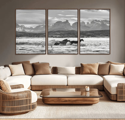 21655040-MGV-CV-36X24-Wild Horses Wall Art Canvas Print, Framed Black White Mountains Art Picture Print, Rustic Countryside Perfect Rustic Western Decor