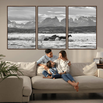 21655040-MGV-CV-36X24-Wild Horses Wall Art Canvas Print, Framed Black White Mountains Art Picture Print, Rustic Countryside Perfect Rustic Western Decor