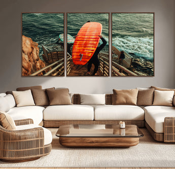 84555848-MGV-CV-36X24-Surfer Stairway Wall Art Canvas Print, Framed Ocean Surf Art Picture Print, Sunset Coastal Perfect Coastal Adventure Decor Artwork