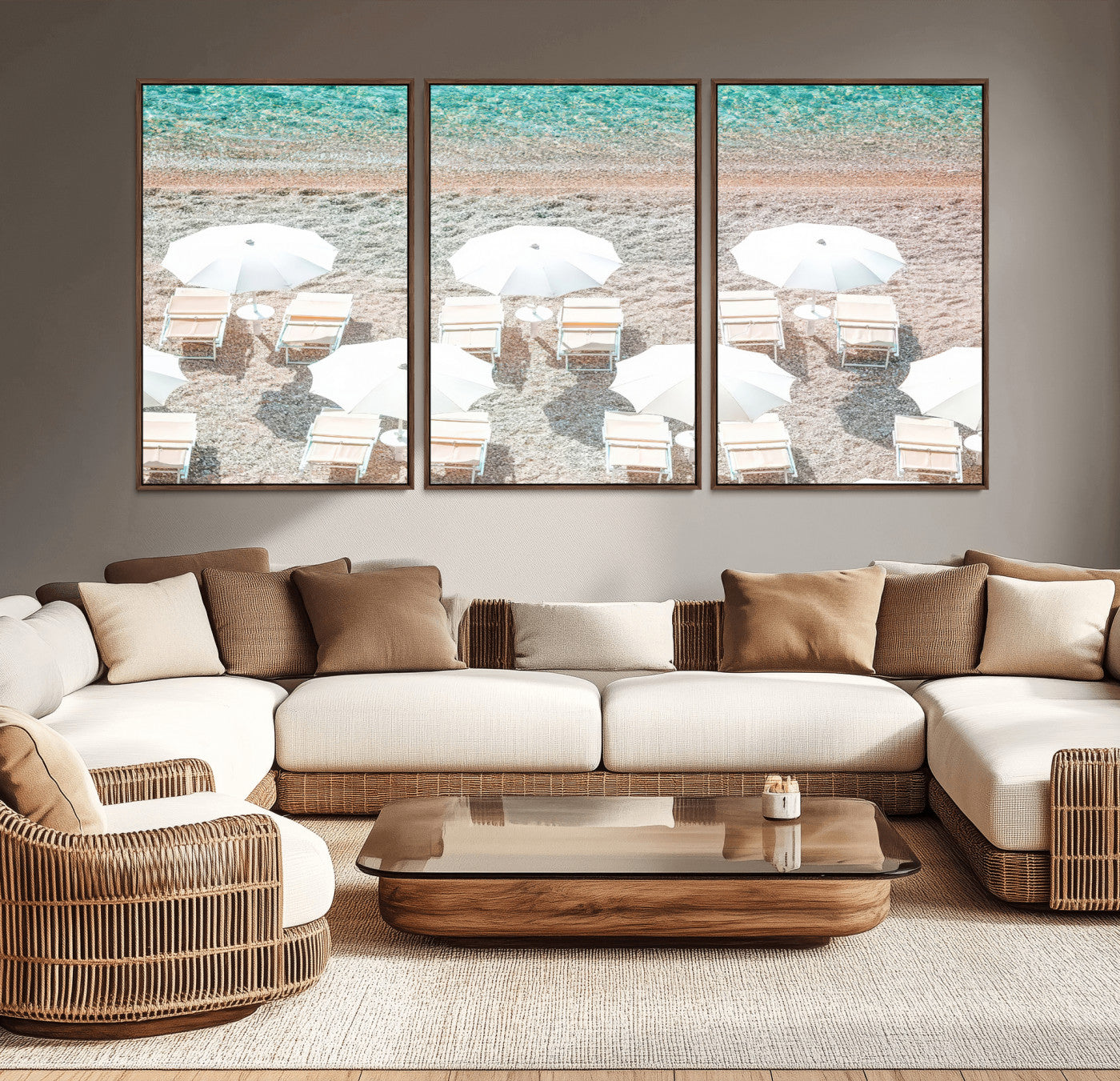 83736167-MGV-CV-36X24-Calm Beach Wall Art Canvas Print, Framed Turquoise Water Art Picture Print, Umbrella Shoreline Perfect Coastal Minimalist Decor