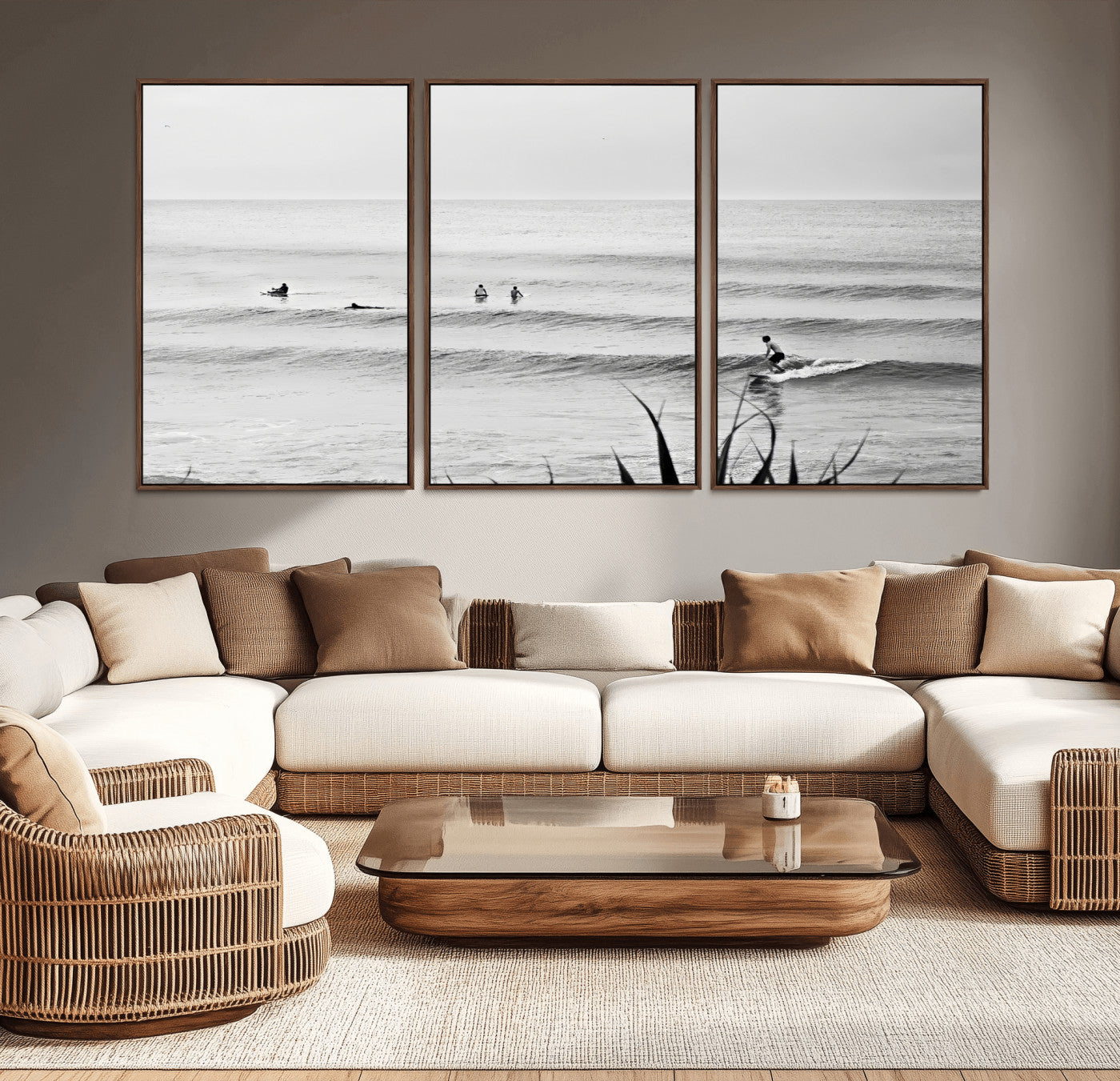 33821421-MGV-CV-36X24-Surfer Silhouette Wall Art Canvas Print, Framed Calm Ocean Art Picture Print, Monochrome Surf Perfect Minimalist Coastal Decor
