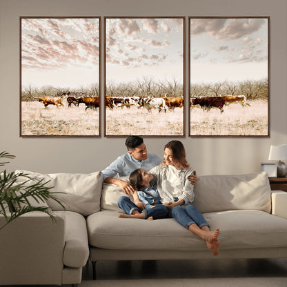 64892775-MGV-CV-36X24-Longhorn Cattle Wall Art Canvas Print, Framed Texas Ranch Art Picture Print, Western Cow Perfect Western Decor Artwork