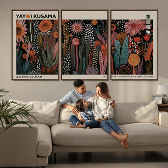 28344895-MGV-FC-60X30-3P_Walnut-Dark Floral Abstract Wall Art Poster – Modern Botanical Canvas Print with Beige Border, Kusama Inspired Boho Flower Painting,