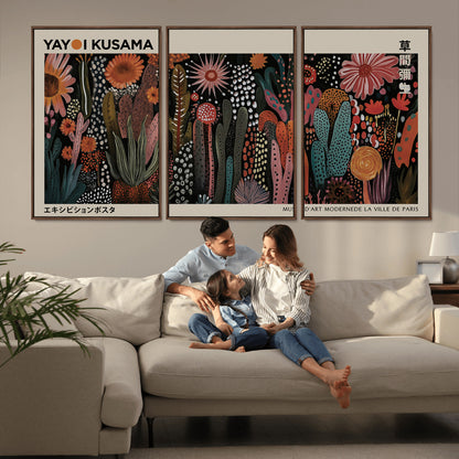 28344895-MGV-FC-60X30-3P_Walnut-Dark Floral Abstract Wall Art Poster – Modern Botanical Canvas Print with Beige Border, Kusama Inspired Boho Flower Painting,