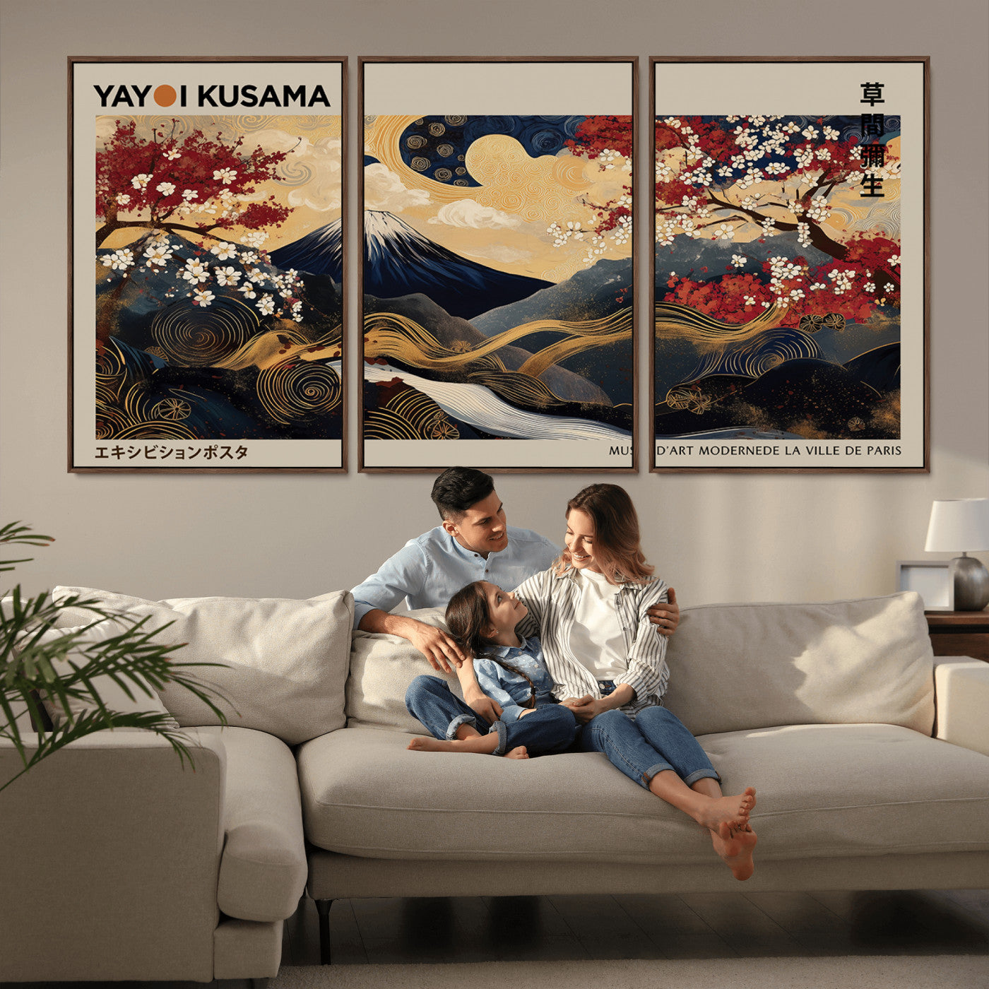 54967195-MGV-CV-36X24-Mount Fuji Wall Art – Japanese Cherry Blossom Abstract Canvas Print, Navy Gold Landscape Painting, Oriental Luxury Home Decor