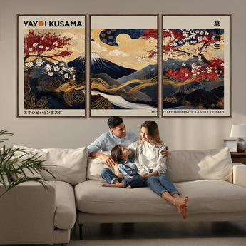 54967195-MGV-CV-36X24-Mount Fuji Wall Art – Japanese Cherry Blossom Abstract Canvas Print, Navy Gold Landscape Painting, Oriental Luxury Home Decor