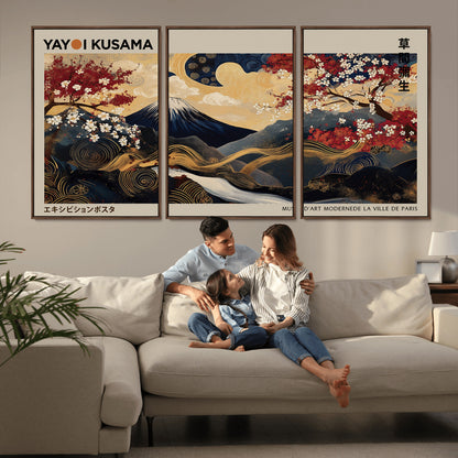 54967195-MGV-CV-36X24-Mount Fuji Wall Art – Japanese Cherry Blossom Abstract Canvas Print, Navy Gold Landscape Painting, Oriental Luxury Home Decor