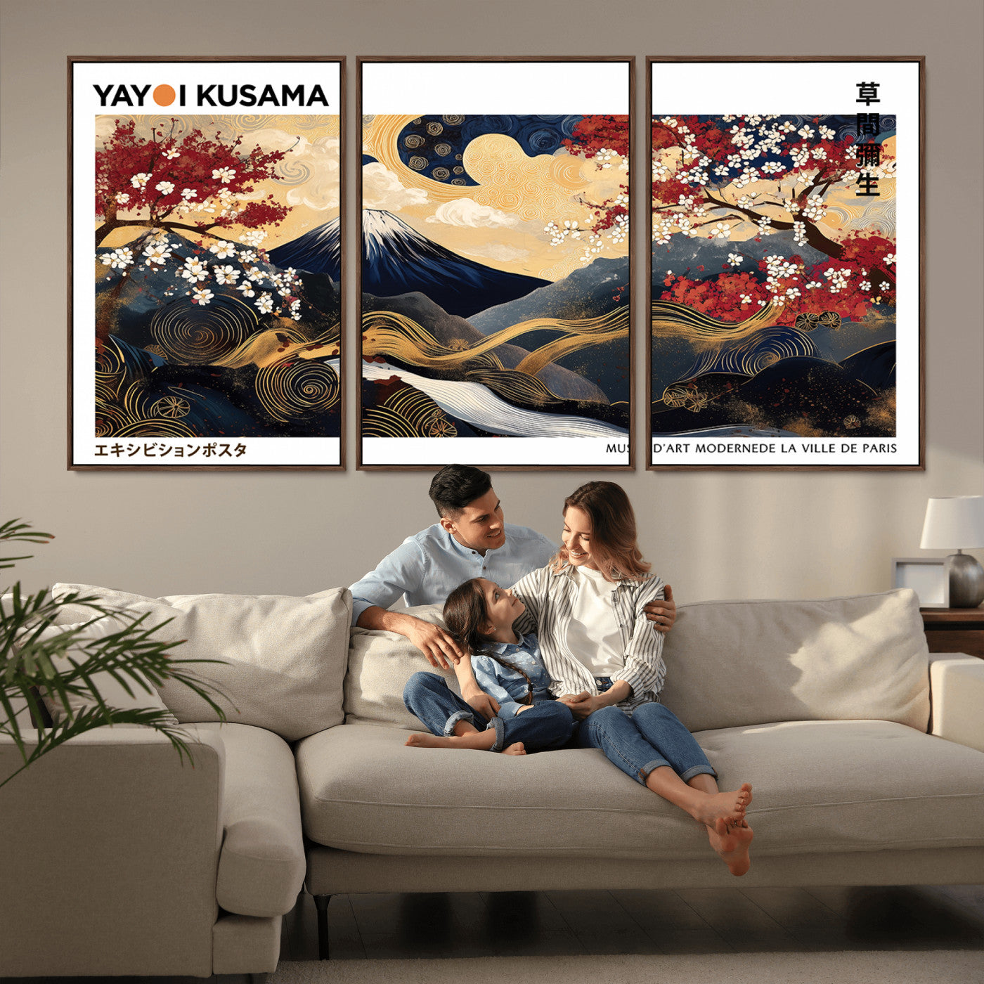 66243961-MGV-CV-36X24-Mount Fuji Japanese Wall Art – Golden Abstract Landscape Canvas Print, Cherry Blossom Painting, Modern Oriental Zen Home Decor