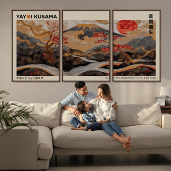 77970791-MGV-CV-36X24-Mount Fuji Golden Abstract Wall Art – Japanese Landscape Canvas Poster, Cherry Blossom & Red Sun Painting, Elegant Zen Oriental