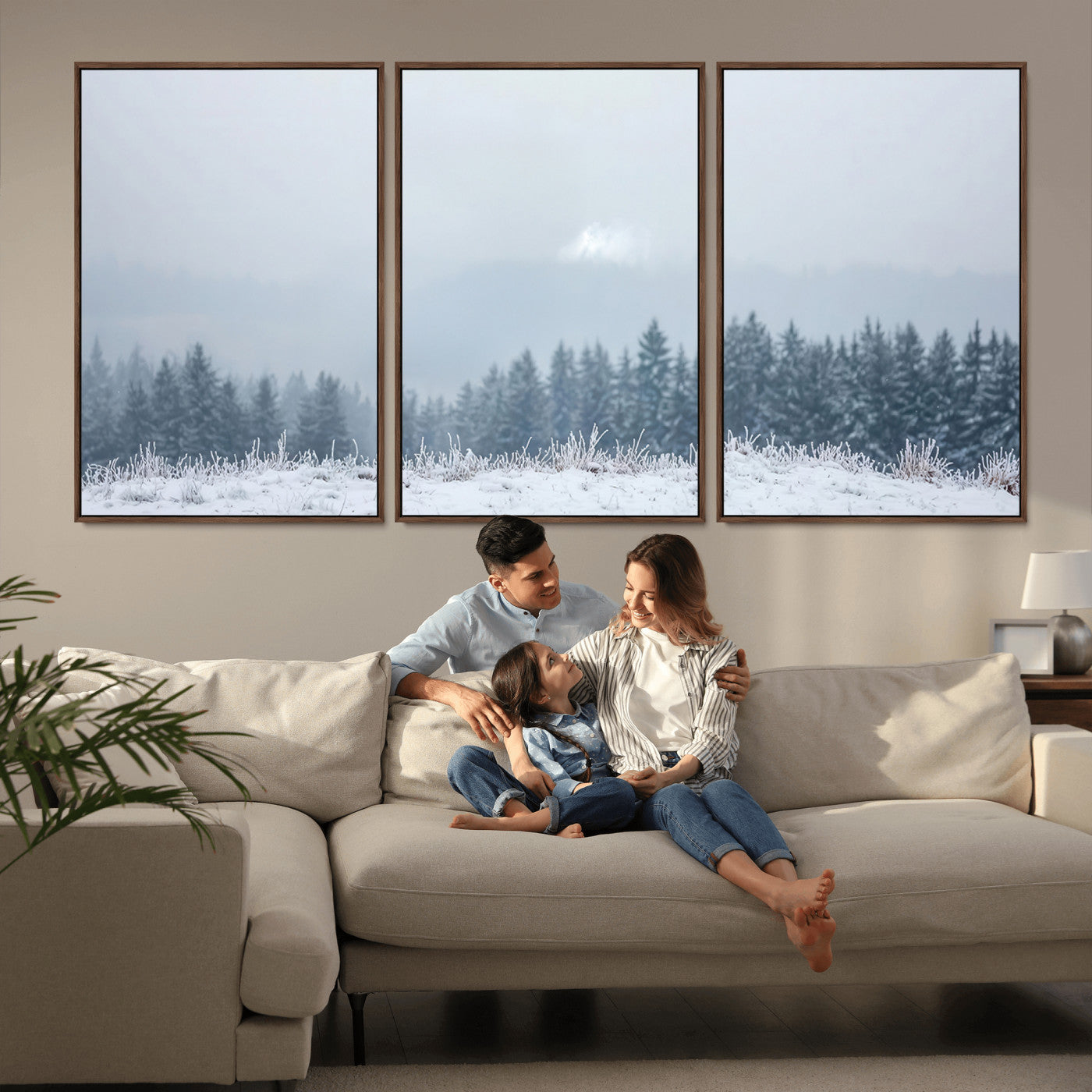 33033082-MGV-CV-36X24-Winter Forest Art Wall Art Canvas Print, Framed Snowy Landscape Art Picture Print, Misty Tree Scene Perfect Nordic Minimalist