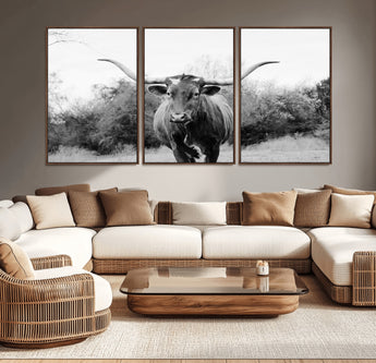 97280319-MGV-CV-36X24-Longhorn Photography Wall Art Canvas Print, Framed Western Cow Decor Art Picture Print, Texas Ranch Style Perfect Rustic Farmhouse