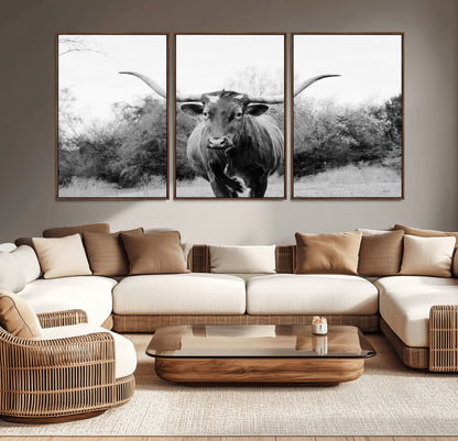 97280319-MGV-CV-36X24-Longhorn Photography Wall Art Canvas Print, Framed Western Cow Decor Art Picture Print, Texas Ranch Style Perfect Rustic Farmhouse