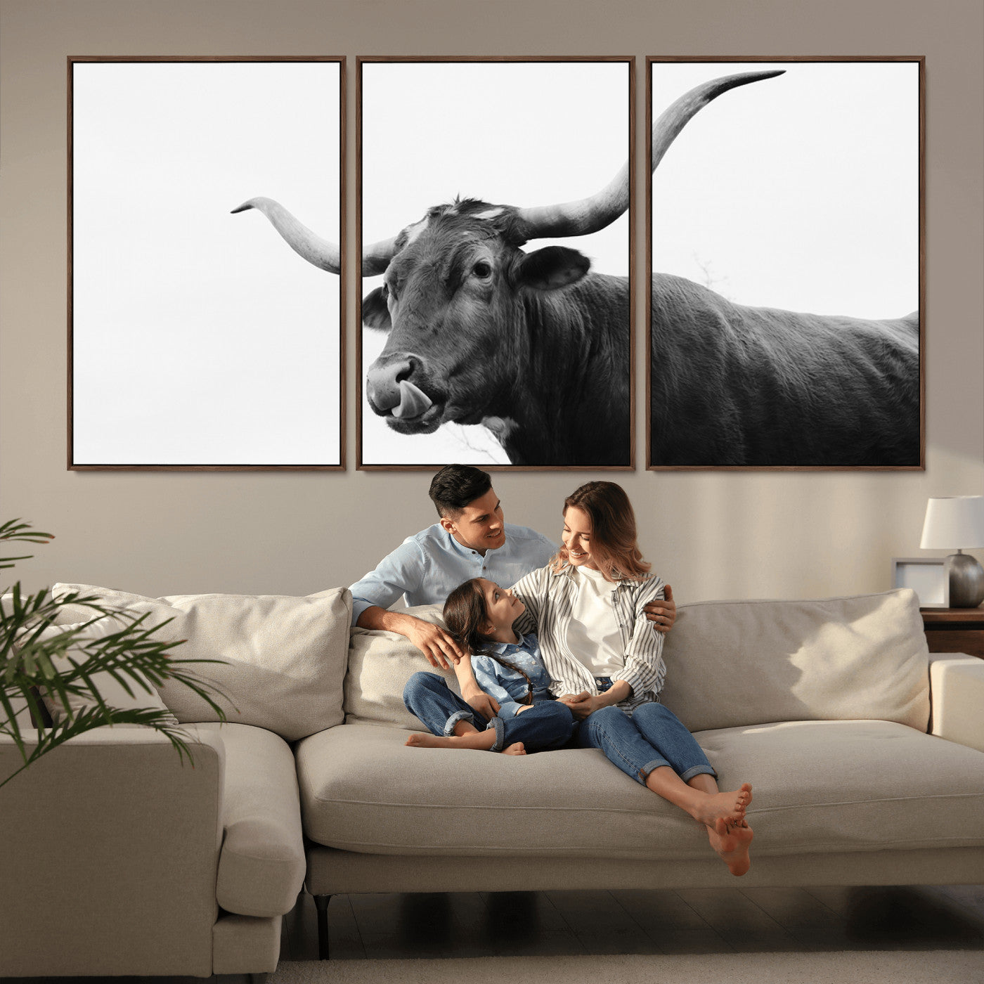 99244177-MGV-CV-36X24-Longhorn Photography Wall Art Canvas Print, Framed Western Cow Decor Art Picture Print, Black White Bull Perfect Modern Rustic