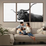99244177-MGV-CV-36X24-Longhorn Photography Wall Art Canvas Print, Framed Western Cow Decor Art Picture Print, Black White Bull Perfect Modern Rustic
