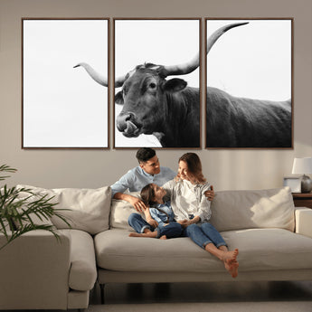 99244177-MGV-CV-36X24-Longhorn Photography Wall Art Canvas Print, Framed Western Cow Decor Art Picture Print, Black White Bull Perfect Modern Rustic