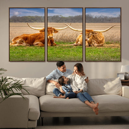 97244565-MGV-CV-36X24-Longhorn Duo Wall Art Canvas Print, Framed Cozy Ranch Vibes Art Picture Print, Western Ranch Decor Perfect Rustic Farmhouse Decor