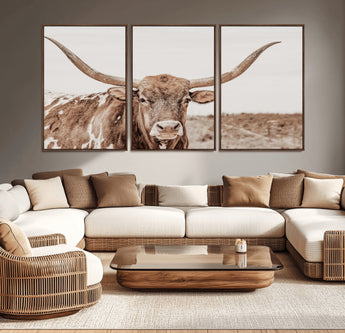 77810049-MGV-CV-36X24-Longhorn Bull Photo Wall Art Canvas Print, Framed Rustic Cow Decor Art Picture Print, Neutral Farmhouse Style Perfect Rustic