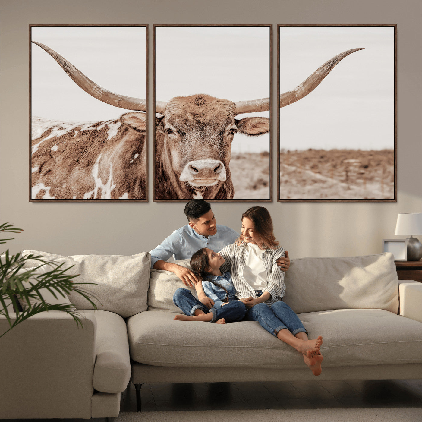 77810049-MGV-CV-36X24-Longhorn Bull Photo Wall Art Canvas Print, Framed Rustic Cow Decor Art Picture Print, Neutral Farmhouse Style Perfect Rustic