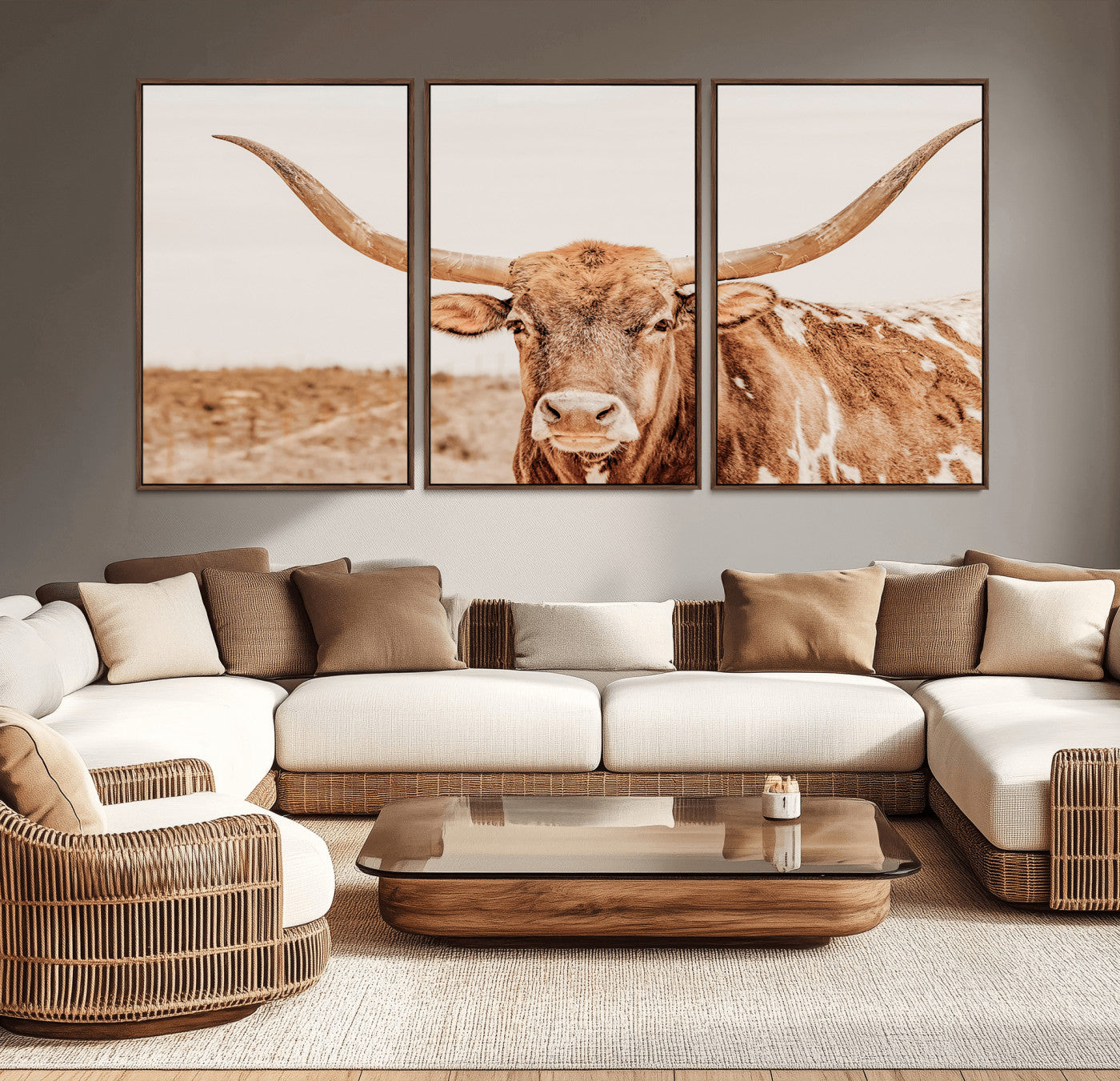 74406977-MGV-CV-36X24-Longhorn Bull Decor Wall Art Canvas Print, Framed Western Cow Theme Art Picture Print, Rustic Farmhouse Wall Perfect Neutral