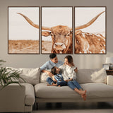74406977-MGV-CV-36X24-Longhorn Bull Decor Wall Art Canvas Print, Framed Western Cow Theme Art Picture Print, Rustic Farmhouse Wall Perfect Neutral