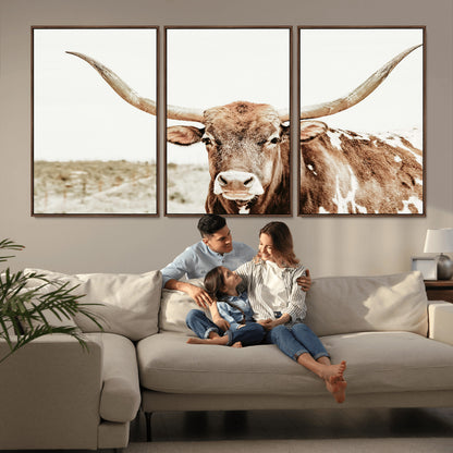 98924580-MGV-CV-36X24-Texas Longhorn Bull Wall Art Canvas Print, Framed Rustic Farmhouse Decor Art Picture Print, Western Animal Theme Perfect Rustic