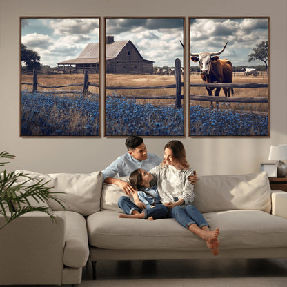 51092814-MGV-FC-60X30-3P_Walnut-Texas Longhorn Wall Art Wall Art Canvas Print, Framed Rustic Barn Canvas Art Picture Print, Farmhouse Cow Decor Perfect Rustic