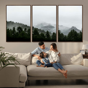 55968349-MGV-CV-36X24-Misty Mountains Wall Art Canvas Print, Framed Foggy Forest Art Picture Print, Snowy Peaks Perfect Moody Wilderness Decor Artwork