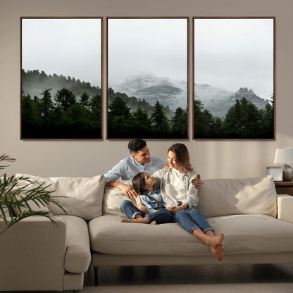 55968349-MGV-CV-36X24-Misty Mountains Wall Art Canvas Print, Framed Foggy Forest Art Picture Print, Snowy Peaks Perfect Moody Wilderness Decor Artwork