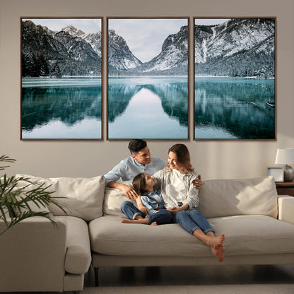 73098373-MGV-CV-36X24-Mountain Lake Wall Art Canvas Print, Framed Winter Wonderland Art Picture Print, Snowy Peaks Perfect Modern Nature Decor Artwork