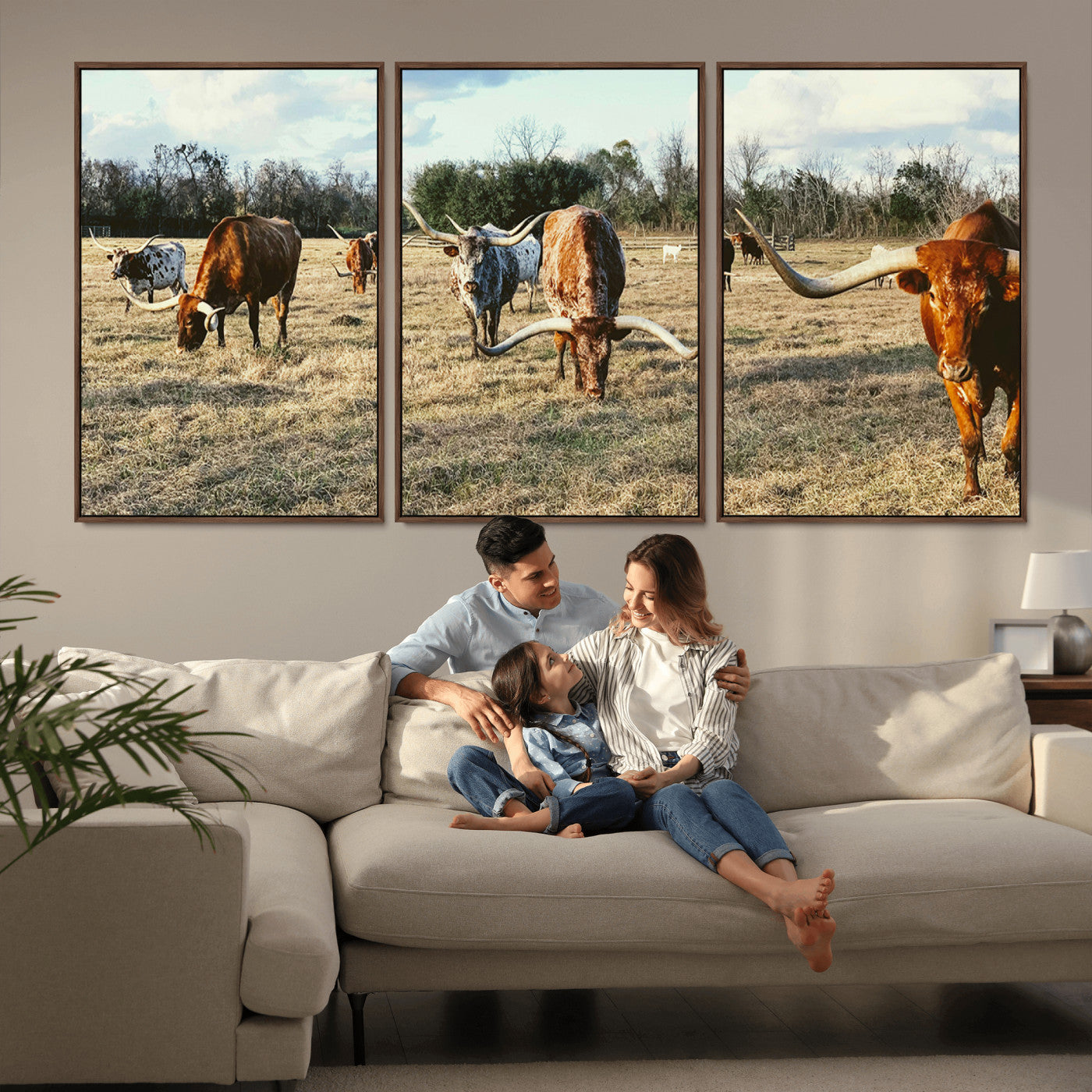 39144651-MGV-CV-36X24-Texas Longhorns Wall Art Canvas Print, Framed Rustic Farm Scene Art Picture Print, Western Cattle Perfect Rustic Farmhouse Decor