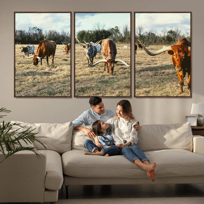 39144651-MGV-CV-36X24-Texas Longhorns Wall Art Canvas Print, Framed Rustic Farm Scene Art Picture Print, Western Cattle Perfect Rustic Farmhouse Decor