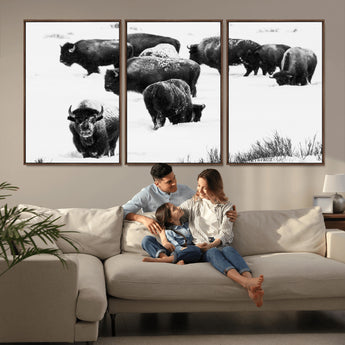18914414-MGV-CV-36X24-Buffalo Herd Wall Art Canvas Print, Framed Black and White Art Picture Print, Snowy Landscape Perfect Rustic Lodge Decor Decor