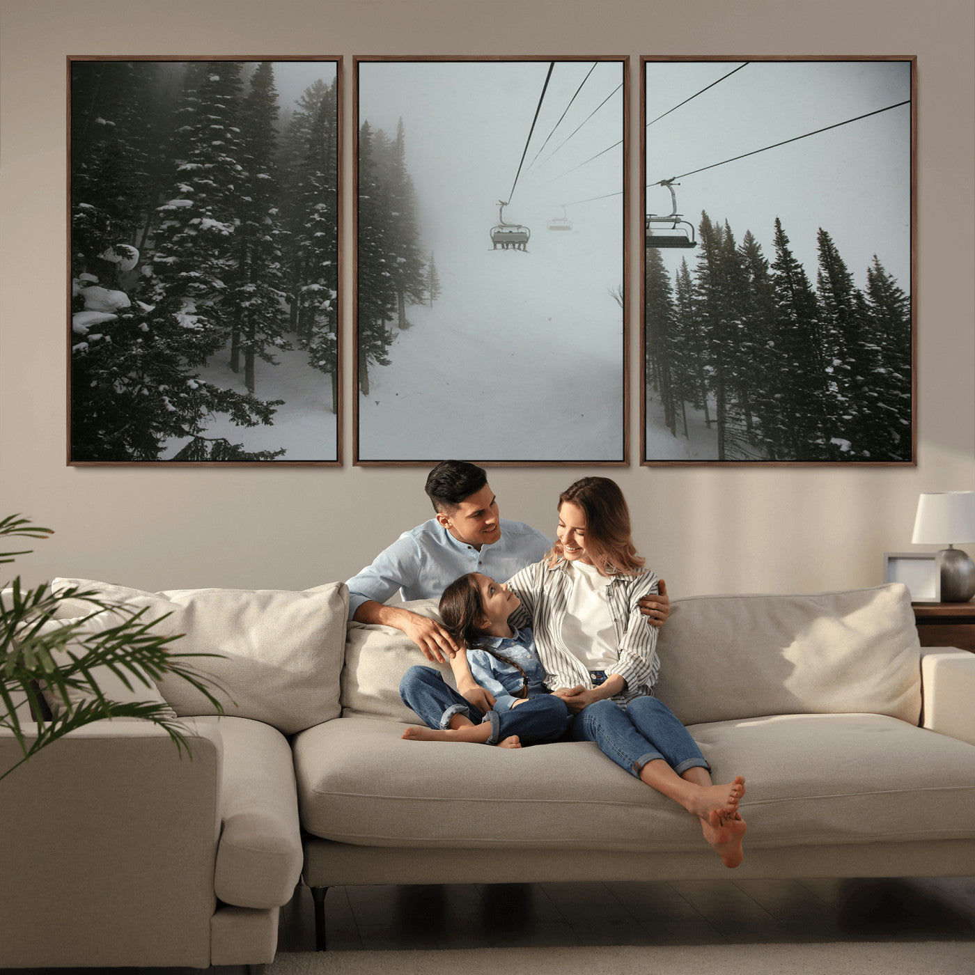 87018452-MGV-CV-36X24-Ski Lift Wall Art Canvas Print, Framed Snowy Pines Art Picture Print, Misty Landscape Perfect Winter Serenity Decor Artwork