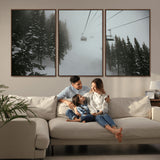 87018452-MGV-CV-36X24-Ski Lift Wall Art Canvas Print, Framed Snowy Pines Art Picture Print, Misty Landscape Perfect Winter Serenity Decor Artwork