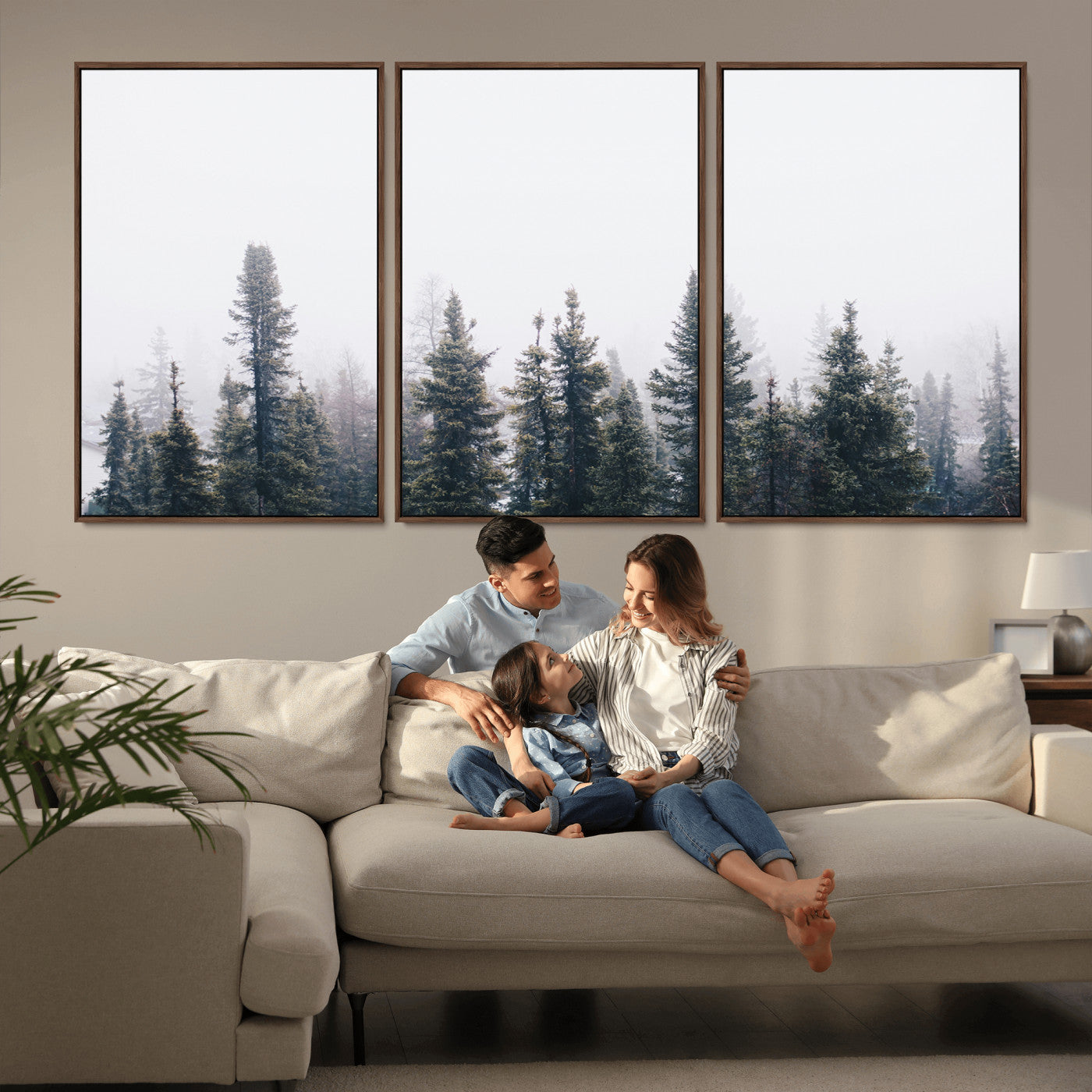 42364796-MGV-CV-36X24-Foggy Forest Wall Art Canvas Print, Framed Misty Pines Art Picture Print, Moody Woodland Perfect Scandinavian Minimalist Decor