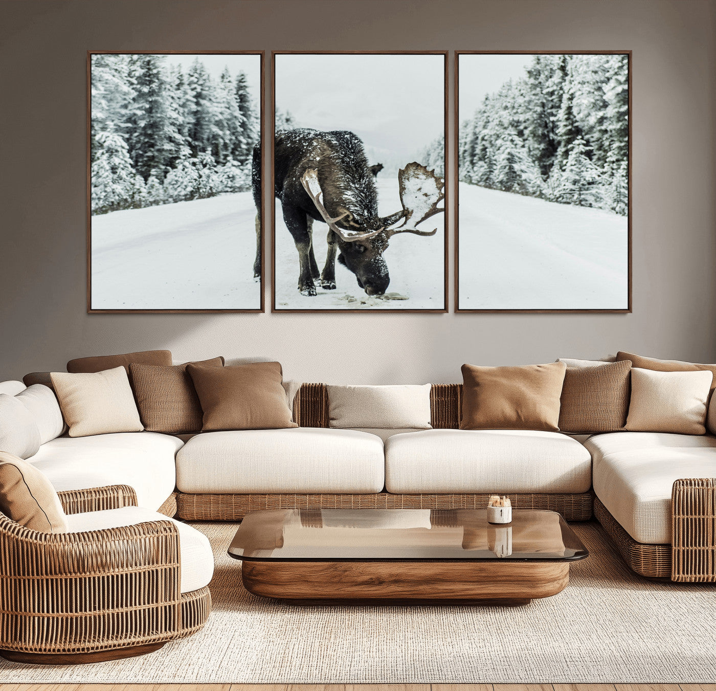 13316292-MGV-CV-36X24-Moose in Snow Wall Art Canvas Print, Framed Winter Wildlife Art Picture Print, Snowy Forest Scene Perfect Rustic Lodge Decor