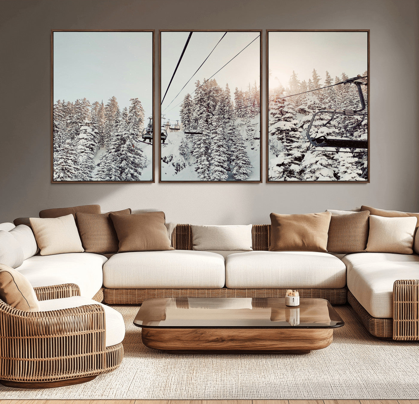 91534512-MGV-CV-36X24-Frosty Pines Wall Art Canvas Print, Framed Cozy Cabin View Art Picture Print, Ski Lift Ride Perfect Rustic Lodge Decor Artwork