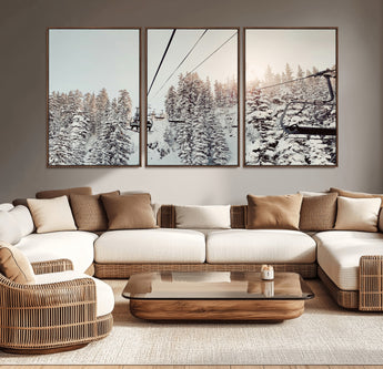 91534512-MGV-CV-36X24-Frosty Pines Wall Art Canvas Print, Framed Cozy Cabin View Art Picture Print, Ski Lift Ride Perfect Rustic Lodge Decor Artwork