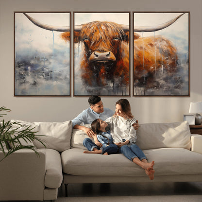 X61001-MGV-CV-36X24-Scottish Highland Wall Art Canvas Print, Framed Longhorn Art Picture Print, Western Cow Perfect Farmhouse Decor Artwork